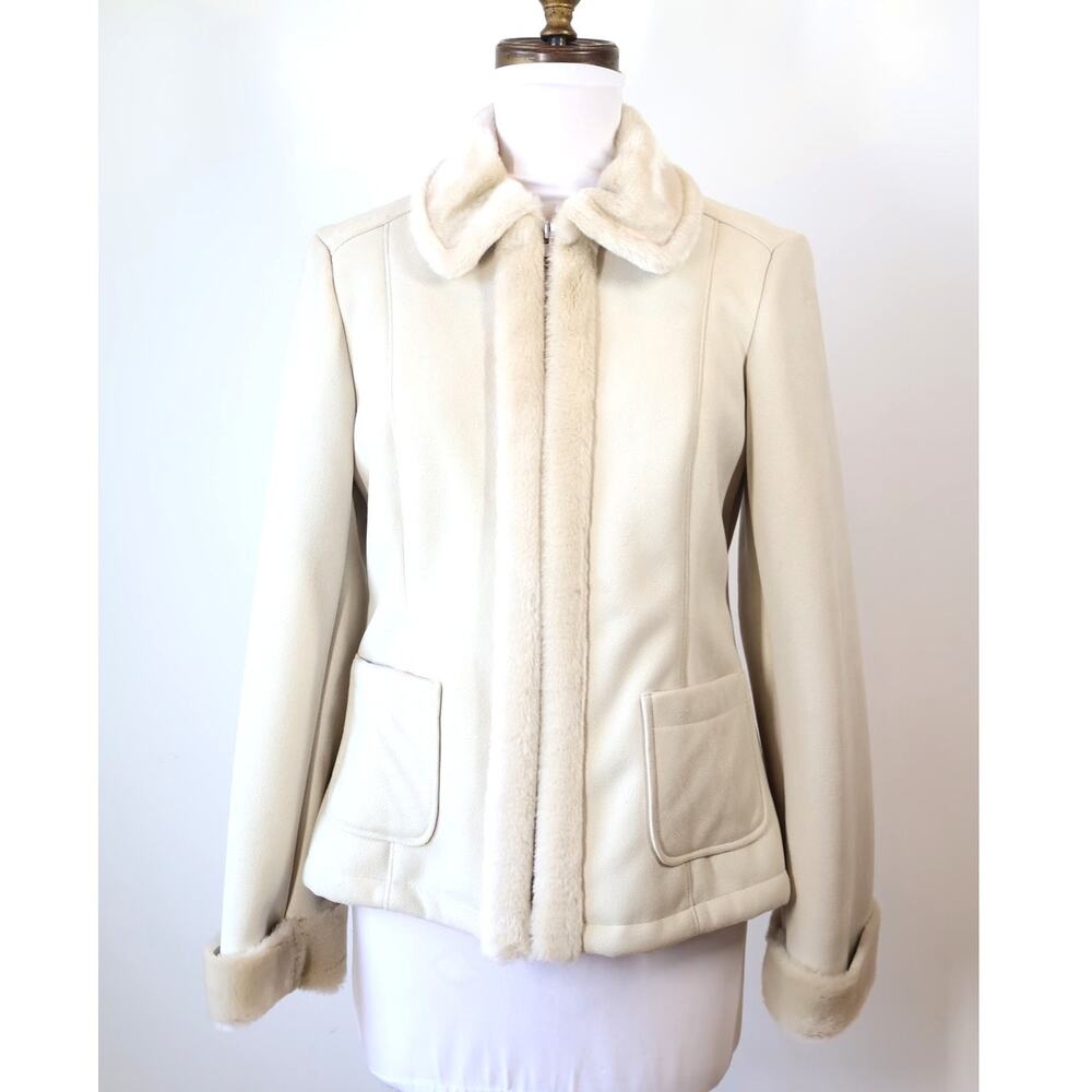 Ann Taylor Beige Shearling Faux Zip Up Jacket Classic Minimalist XS Petite NWT